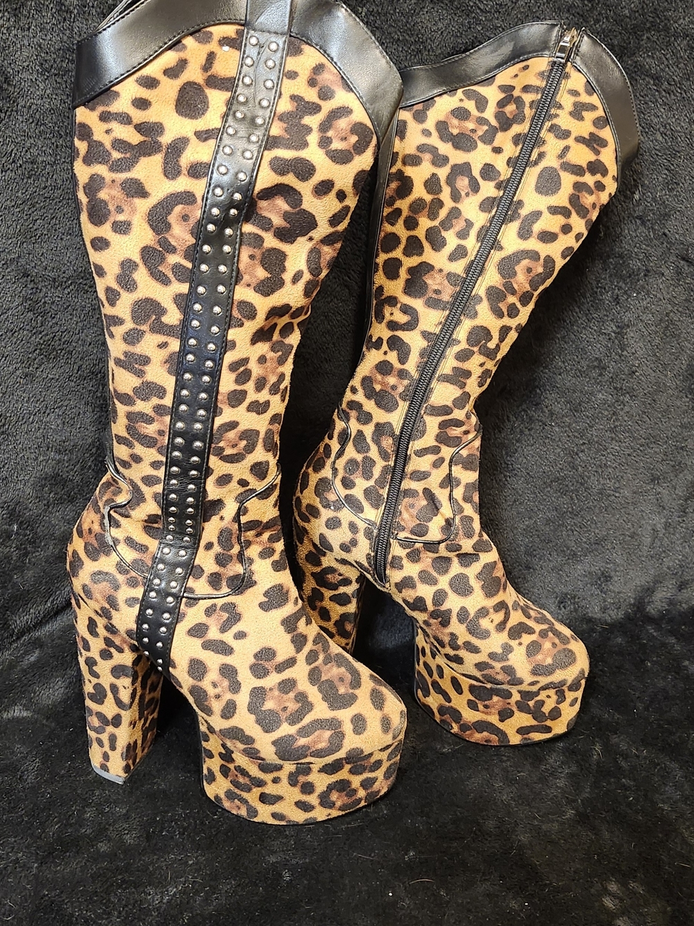 Leopard Platform Knee-High Boots with Studded Trim - Tan/Black